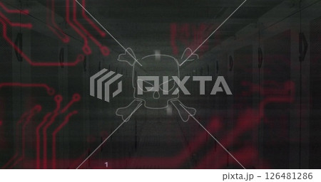 Skull and crossbones over digital data and circuit board image 126481286