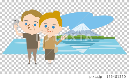 一對外國老年夫婦以富士山為背景自拍 126481350