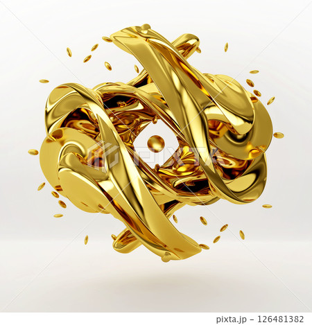 Abstract art 3d sculpture with gold flower in curve wavy spherical biological lines with small gold ball isolated on white background, Gold texture, 3D Rendering 126481382