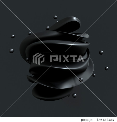Abstract art 3d sculpture with black flower in curve wavy spherical biological lines with small black ball isolated on dark gray background, 3D Rendering Abstract art 3d sculpture with black flower in curve wavy spherical biological lines with small black ball isolated on dark gray background, 3D Rendering 126481383