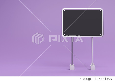 Blank chalk board street stand mockup on purple background. Two steel column with blank black billboard. Signboard with silver metal frame template. 3d rendering. Blank chalk board street stand mockup on purple background. Two steel column with blank black billboard. Signboard with silver metal frame template. 3d rendering. 126481395