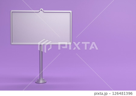 Blank white metal board street stand mockup on purple background. Signboard with silver metal frame template. 3d rendering. 126481396