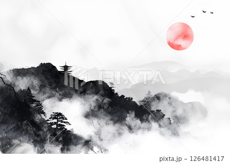禅的で神秘的な水墨画テクスチャー-3 126481417