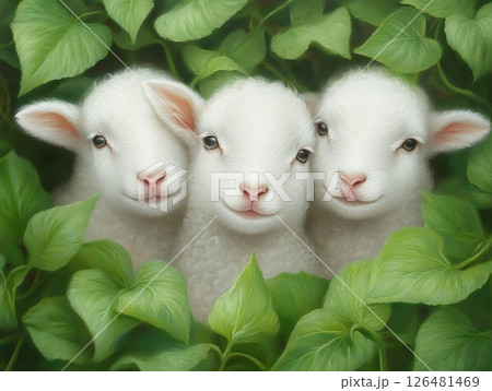 Three cute lambs surrounded by lush green leaves 126481469