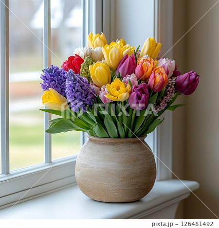 Vibrant spring bouquet with tulips and hyacinths on windowsill 126481492