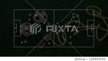 Soccer strategy image over field with balls, whistle, and training rope Soccer strategy image over field with balls, whistle, and training rope 126481630