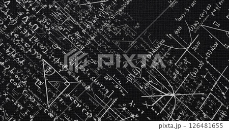 Mathematical equations and geometric shapes image over black background Mathematical equations and geometric shapes image over black background 126481655