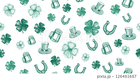St. Patricks Day, clover pattern on white. Hand drawn illustrations	 126481687