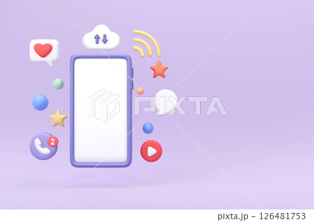 Smartphone with social media technology. 3d open smartphone with cloud of application icons, isolated purple background, 3d rendering 126481753