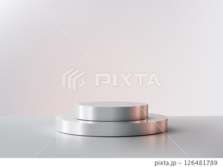 minimalist stainless steel podium display stand modern round tiered luxury showcase product reflective elegant sleek 126481789