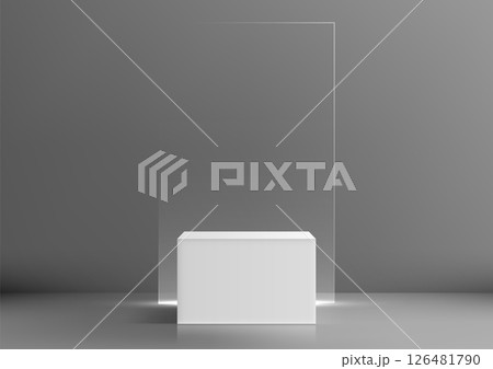 minimalist white pedestal display mockup on gray reflective surface with glass panel backdrop 126481790