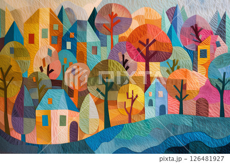 パステルカラーの優しい森と住宅の風景(フェルト)-1 パステルカラーの優しい森と住宅の風景(フェルト)-1 126481927