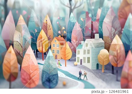 パステルカラーの優しい森と住宅の風景（フェルト）-5 126481961