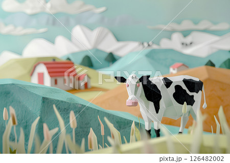 可愛い乳牛のいる牧場の風景（フェルト） 126482002