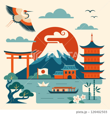 Travel to Japan Vintage Poster with Mount Fuji Travel to Japan Vintage Poster with Mount Fuji 126482503