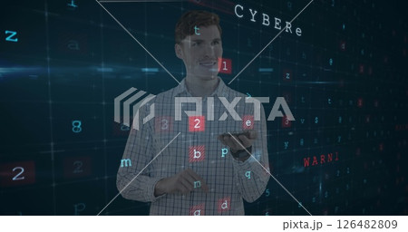 Man interacting with digital interface, focusing on cybersecurity concepts and data 126482809