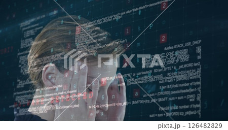 Stressed person surrounded by complex code, overwhelmed by programming challenges 126482829