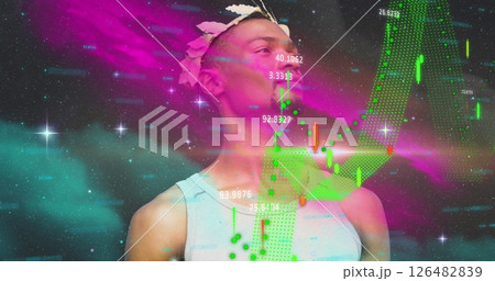 Exploring futuristic technology concepts, African American man with digital graphs overlay Exploring futuristic technology concepts, African American man with digital graphs overlay 126482839