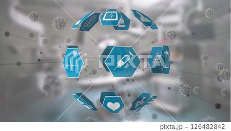 Floating digital healthcare icons in futuristic medical setting, showcasing innovation 126482842