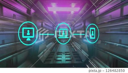 Futuristic digital interface with glowing icons connecting devices in virtual space 126482850