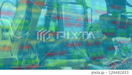 Overlaying stock market data, construction machinery symbolizing industrial financial growth 126482853