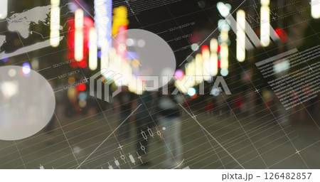 Financial graphs overlaying city street at night, illustrating global market trends 126482857
