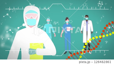 Healthcare professionals in protective gear and lab coats analyzing virus data 126482861