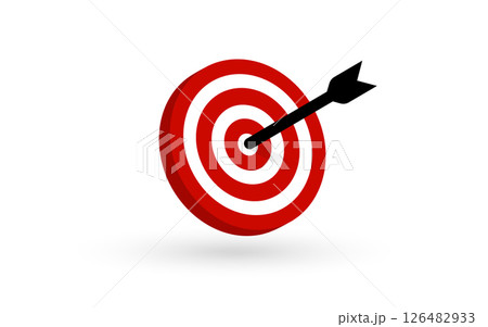 Bullseye target hit by black arrow symbolizing success, focus, goal achievement, marketing precision. Useful for business, startup, planning concepts. Vector illustration. 126482933