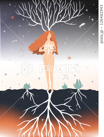 Young standing woman meditating with star in her hands. Meditation, harmony, and enlightenment concept. Universe creation. Vector illustration 126482943