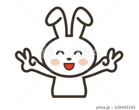 満面の笑顔でダブルピースをするかわいい白うさぎの上半身イラスト 126483142