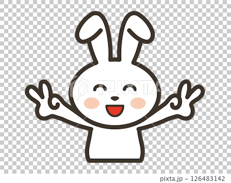 満面の笑顔でダブルピースをするかわいい白うさぎの上半身イラスト 126483142
