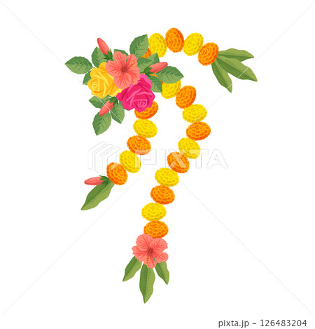 Traditional Indian floral garland with marigold flowers, roses, mango leaves. Decoration for Indian hindu holidays or wedding ceremony. Isolated on white. Vector illustration. 126483204