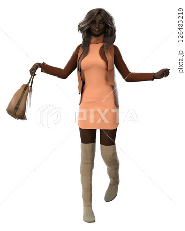 3D Dark skinned woman in peach dress 126483219
