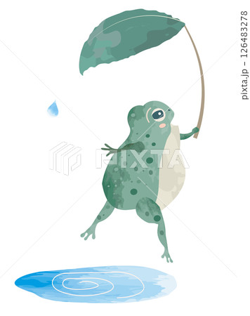 葉っぱの傘をさしてはねるカエルのイラスト 126483278