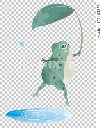 Illustration of a frog jumping with a leaf umbrella Illustration of a frog jumping with a leaf umbrella 126483278