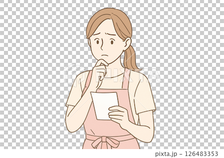 A housewife wearing an apron is worried about a note_transparent A housewife wearing an apron is worried about a note_transparent 126483353