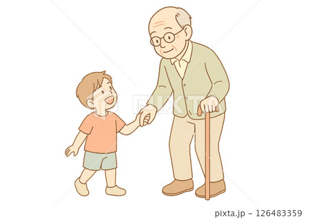 孫と手をつなぎ散歩する高齢男性2_透過 126483359