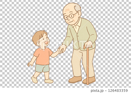 孫と手をつなぎ散歩する高齢男性2_透過 126483359