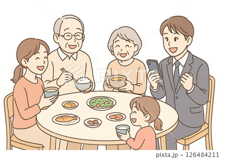家族3世代で食卓を囲んでいるシチュエーション 126484211