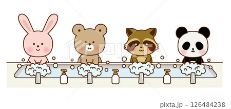 かわいい動物たちの手洗いイラスト｜うさぎ・くま・アライグマ・パンダ 126484238