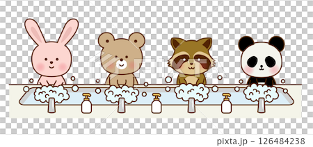 かわいい動物たちの手洗いイラスト｜うさぎ・くま・アライグマ・パンダ 126484238