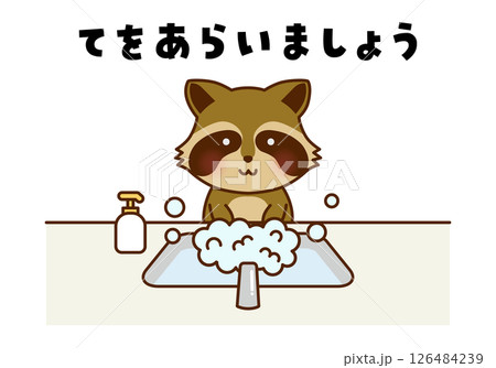 かわいいアライグマの手洗いイラスト 126484239
