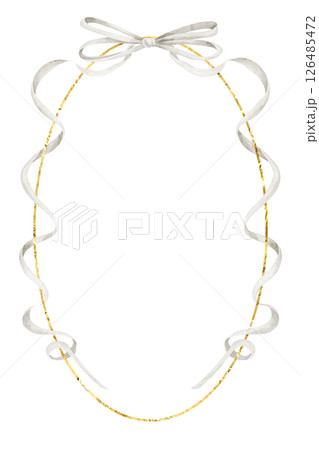 Watercolor illustration of Oval Template with ribbon frame and golden border. Drawing of wreath for baby announcements, wedding stationery or childish greeting cards. Art of Frame for invitations. 126485472