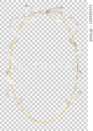 Watercolor illustration of Oval Template with ribbon frame and golden border. Drawing of wreath for baby announcements, wedding stationery or childish greeting cards. Art of Frame for invitations. 126485472