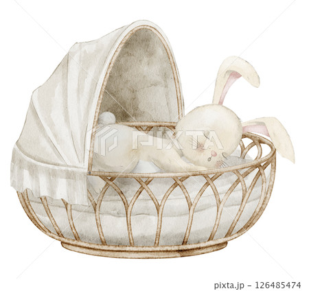 Watercolor illustration of sleeping Bunny in a Baby crib with a canopy. Drawing of cute Rabbit on wicker basket for Baby shower greeting cards or newborn invitations. Art of hare for childish design. Watercolor illustration of sleeping Bunny in a Baby crib with a canopy. Drawing of cute Rabbit on wicker basket for Baby shower greeting cards or newborn invitations. Art of hare for childish design. 126485474