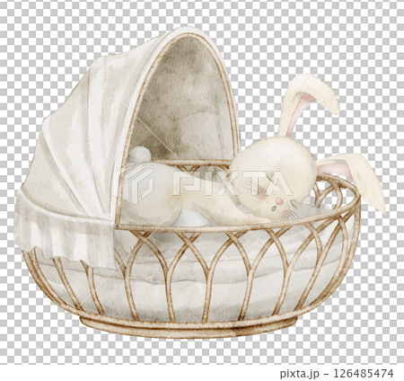 Watercolor illustration of sleeping Bunny in a Baby crib with a canopy. Drawing of cute Rabbit on wicker basket for Baby shower greeting cards or newborn invitations. Art of hare for childish design. Watercolor illustration of sleeping Bunny in a Baby crib with a canopy. Drawing of cute Rabbit on wicker basket for Baby shower greeting cards or newborn invitations. Art of hare for childish design. 126485474