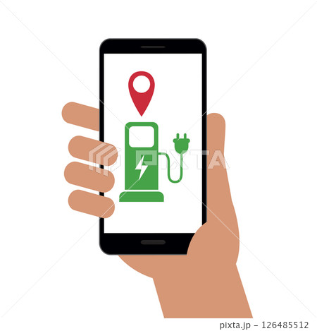 hand holding smartphone with charging station for electric cars vector illustration hand holding smartphone with charging station for electric cars vector illustration 126485512