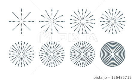 Dotted retro round sun, starburst, rays. Minimalist trendy vector fireworks, round frame, sunlight. 126485715