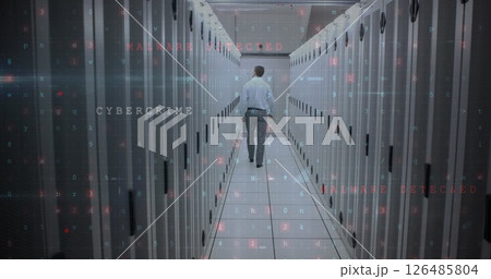 Walking through data center, technician addressing cybercrime and malware threats 126485804