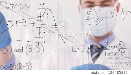 Scientist in lab coat analyzing test tube with mathematical formulas overlay Scientist in lab coat analyzing test tube with mathematical formulas overlay 126485822